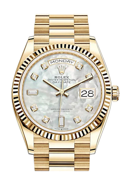 ROLEX Day-Date 36 White Mother of Pearl Diamond Dial 18K Yellow