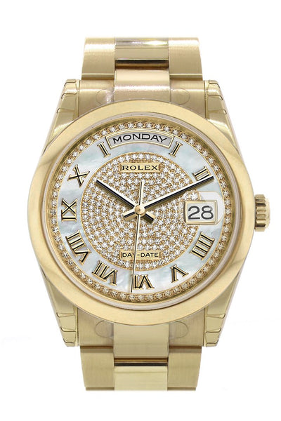Rolex Day-Date 36 White mother of pearl Diamonds paved Dial Yellow