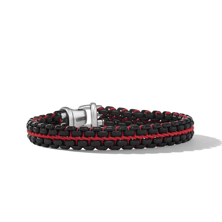 David Yurman Woven Box Chain Bracelet in Sterling Silver with Black Stainless Steel and Red Nylon, 12mm