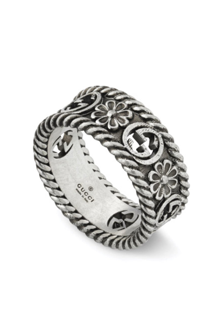 Gucci Sterling Silver Interlocking G Flower Ring Size 8 YBC577263001017