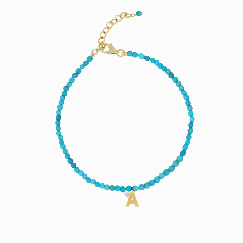 A Initial Letter Charm One Diamond Turquoise Bracelet 14K Solid Gold