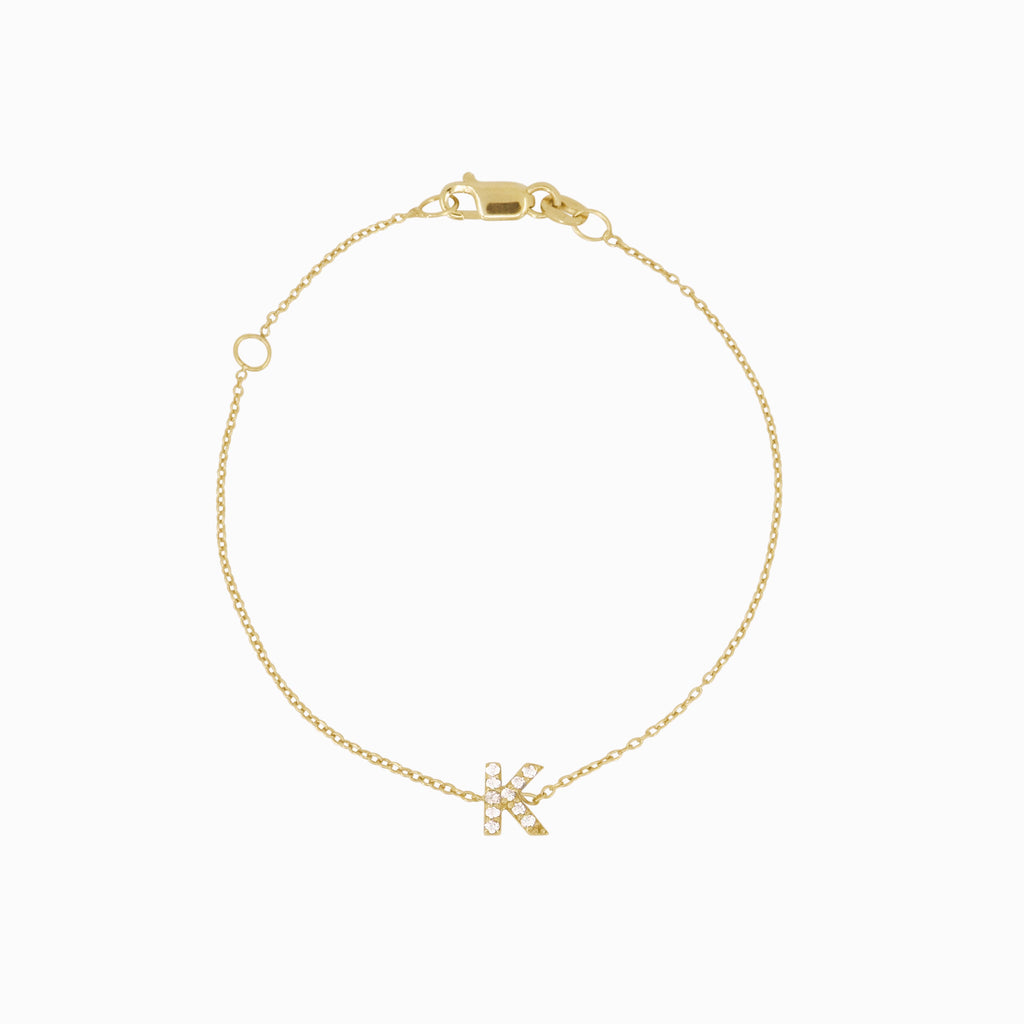 Initial Letter Pavé Diamond Chain Bracelet 14K Solid Gold