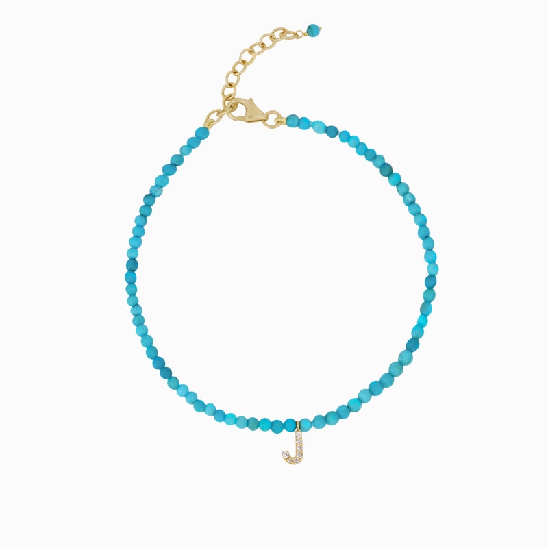 Initial Letter Pavé Diamond Turquoise Bead Bracelet 14K Solid Gold