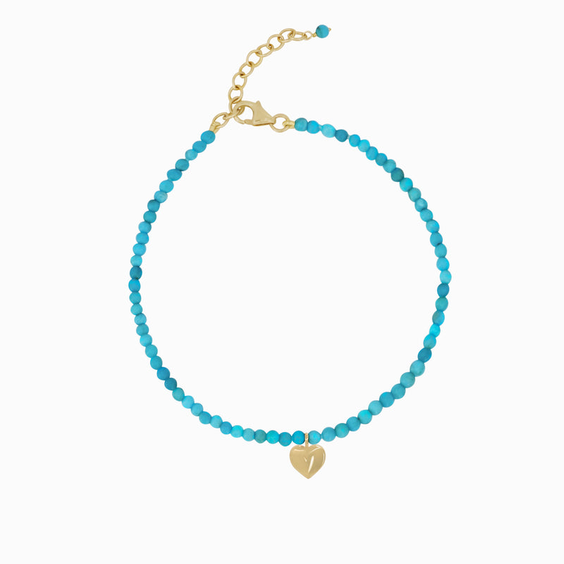 BY LIME Full Heart Charm Turquoise Bead Bracelet 14K Solid Gold