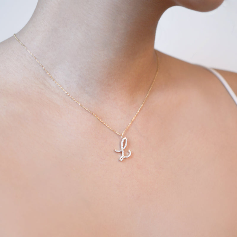 L Script Initial Letter Pavé Lab Diamond Necklace Charm 14K Gold