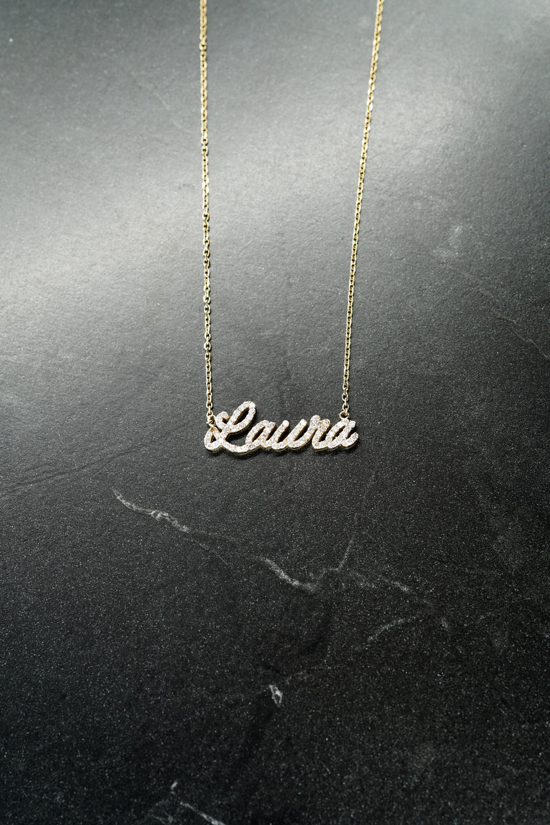 Laura Nameplate Diamond Necklace 14K Yellow Gold CMM