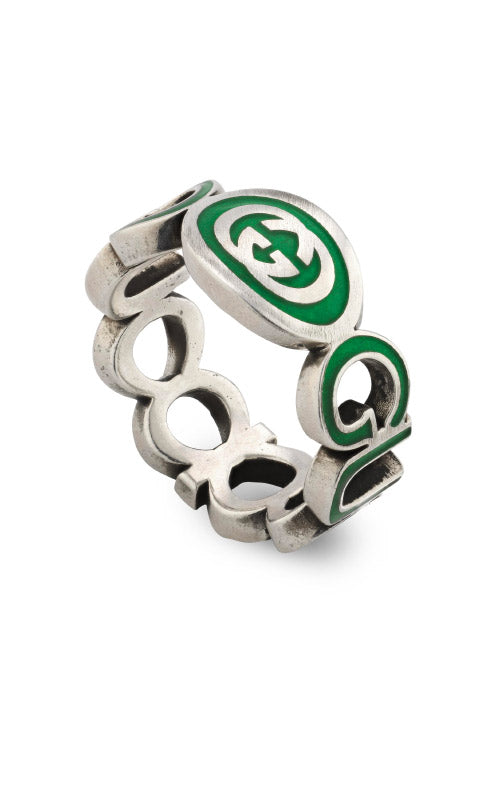Gucci Sterling Silver Interlocking G Green Enamel Ring Size 6.5 YBC753640001013