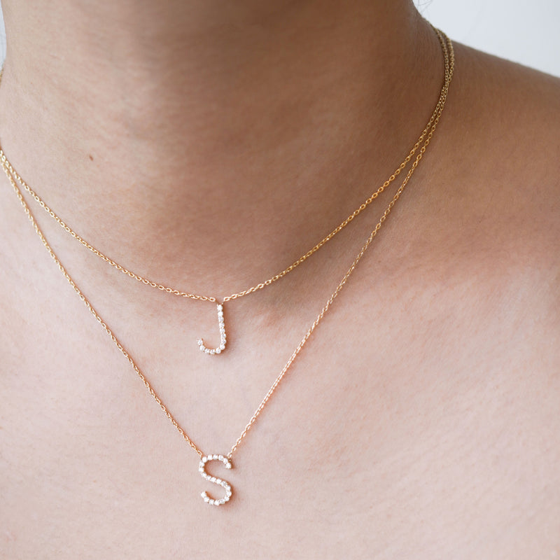 S Initial Letter Pavé Lab Diamond Necklace 14K Gold
