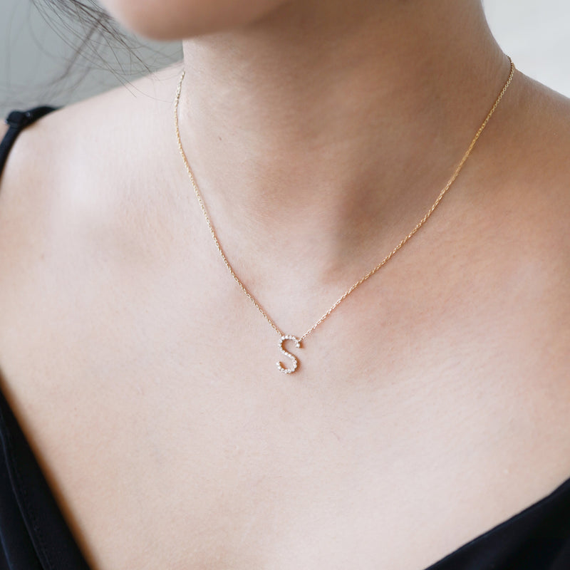 S Initial Letter Pavé Diamond Necklace 14K Gold