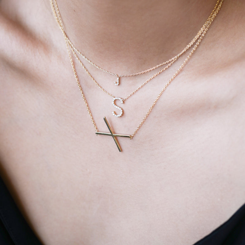 S Initial Letter Pavé Diamond Necklace 14K Gold
