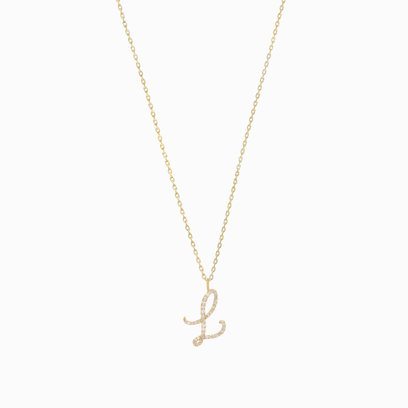 L Script Initial Letter Pavé Lab Diamond Necklace Charm 14K Gold