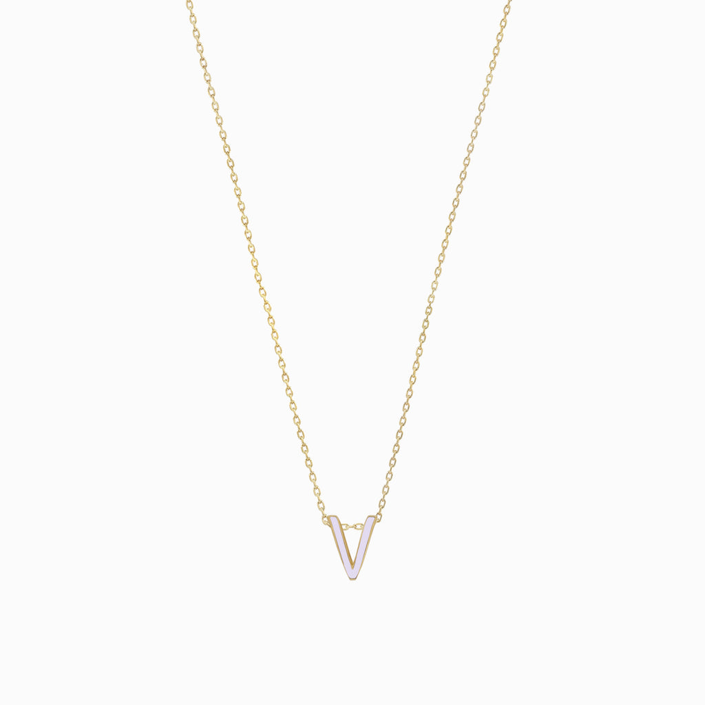 Eclipse V Initial Letter Enamel Necklace 14K Gold