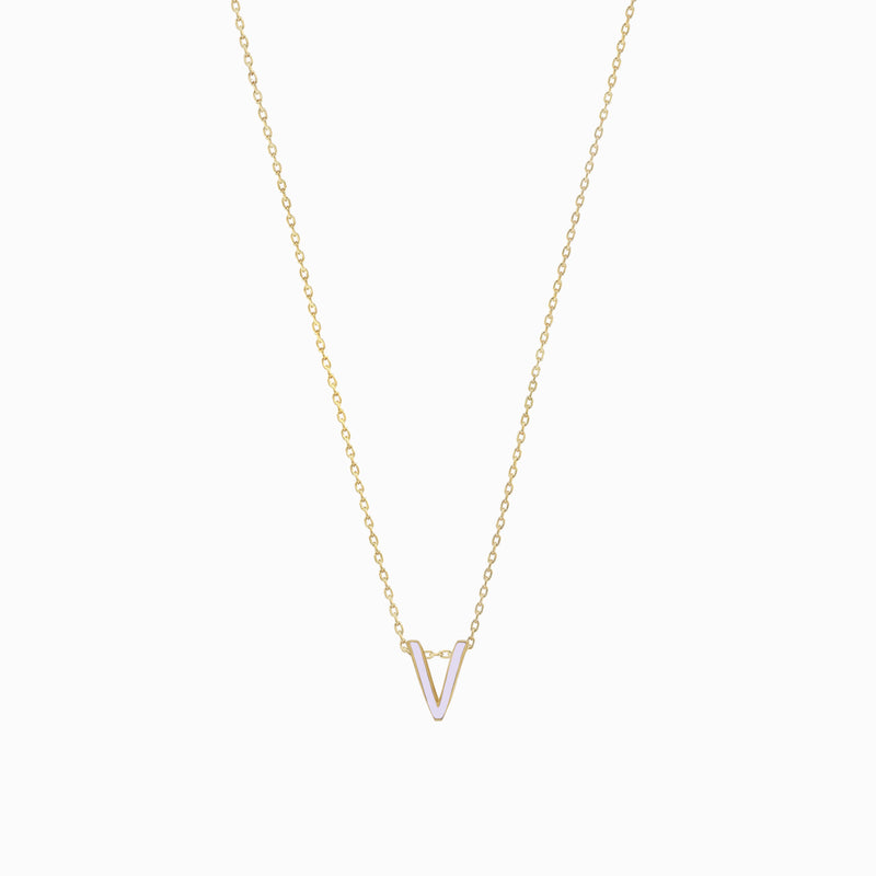 Eclipse V Initial Letter Enamel Necklace 14K Gold