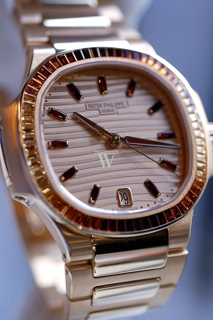 Patek Philippe Nautilus Ladies Rose Gold Baguette Cognac Bezel Watch 7118/1300R-001