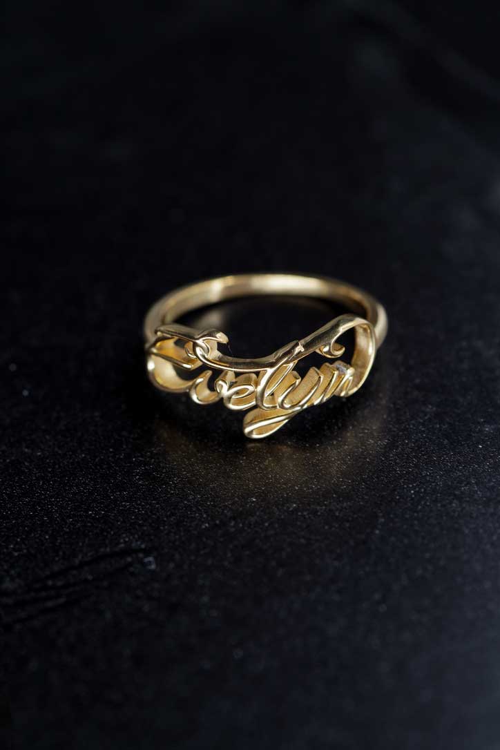 BY LIME Custom Name Script Letters Name Ring EVELYN 10K Gold