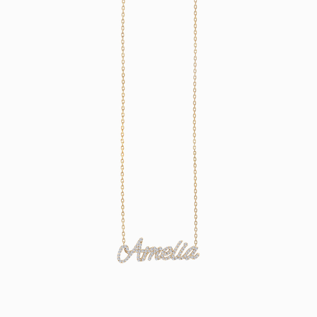 Custom Script Word Pavé Diamond Gold Necklace 