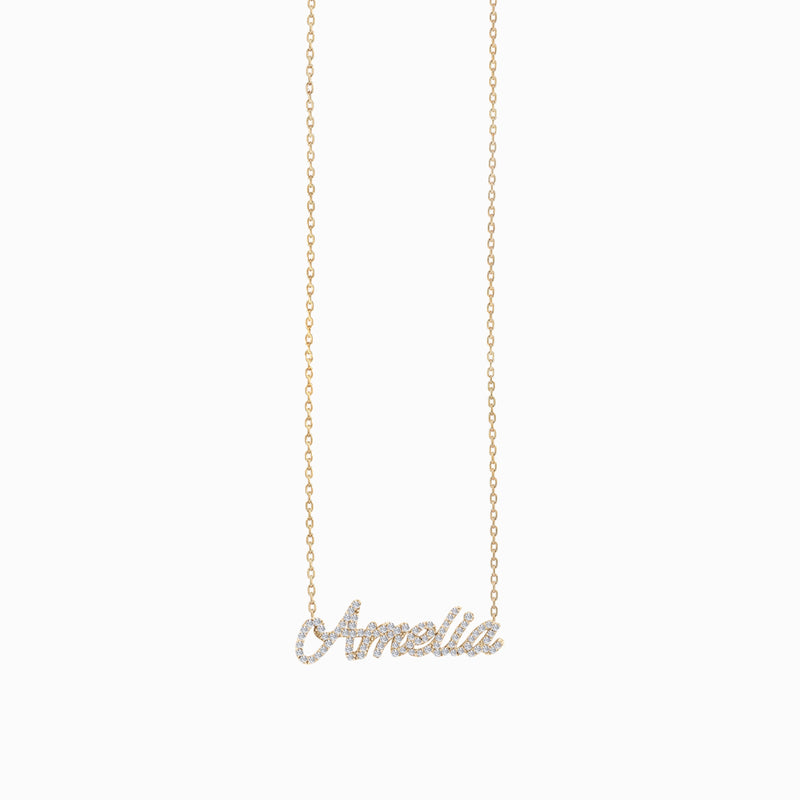 Custom Script Word Pavé Diamond Gold Necklace 