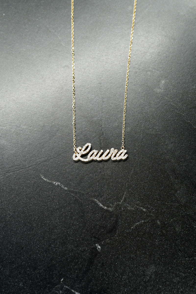 BY LIME Custom Name Script Pavé Lab Diamond Necklace LAURA 10K Solid Gold