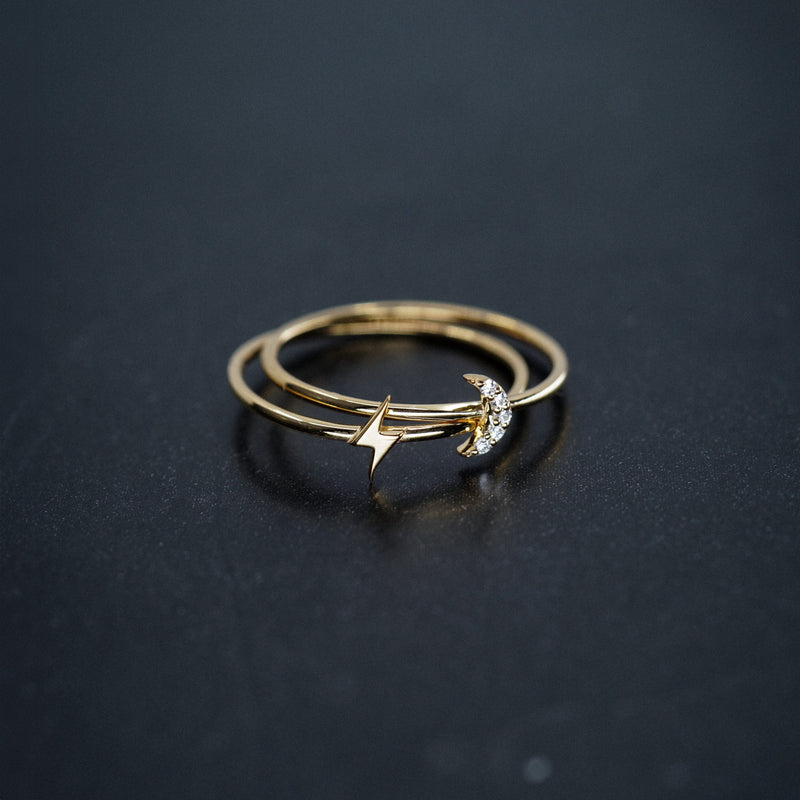 Crescent Moon Line Diamond Solid Gold Ring