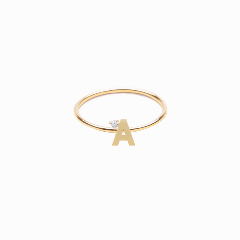 A Line Initial Letter One Diamond 14k Solid Gold Ring
