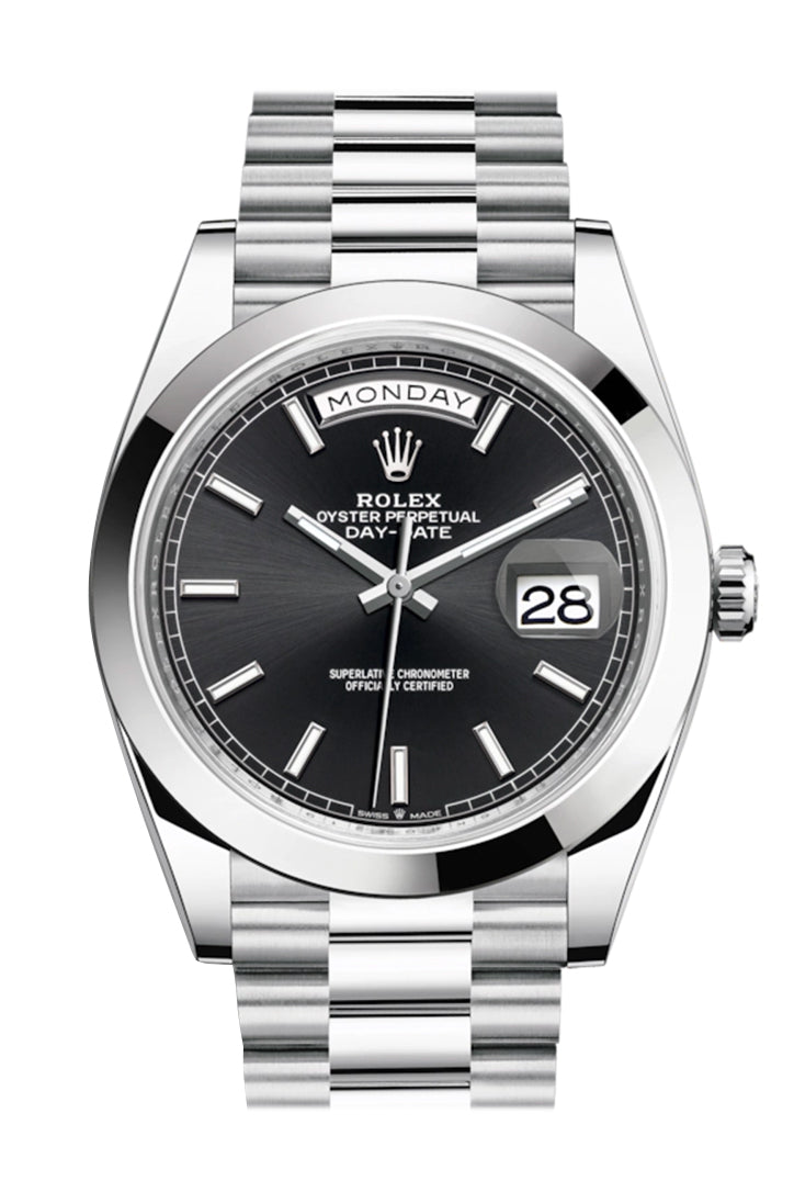 Rolex Day-Date 40 Black Dial 40 Baguette Diamond Bezel Platinum President Automatic Men's Watch 228396TBR 228396