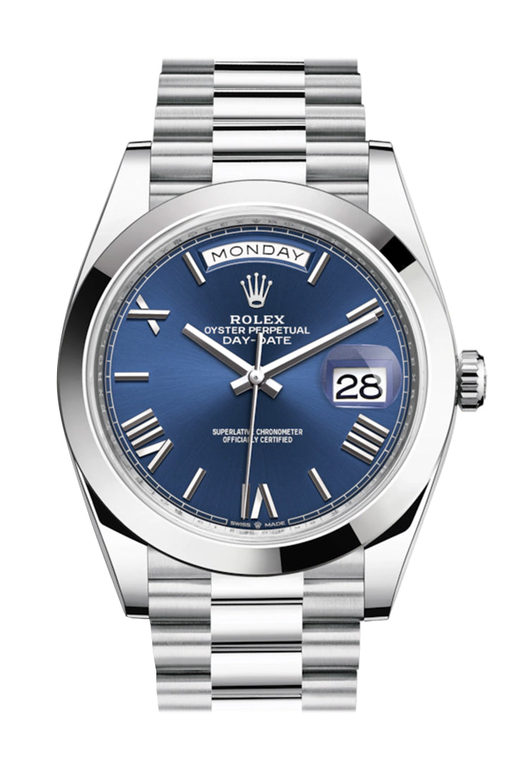 Rolex Day-Date 40 Blue Roman Dial 40 Baguette Diamond Bezel Platinum President Automatic Men's Watch 228396TBR 228396