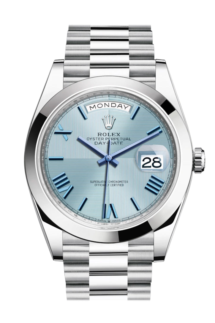 Rolex Day-Date 40 Blue Roman Dial 40 Baguette Diamond Bezel Platinum President Automatic Men's Watch 228396TBR 228396
