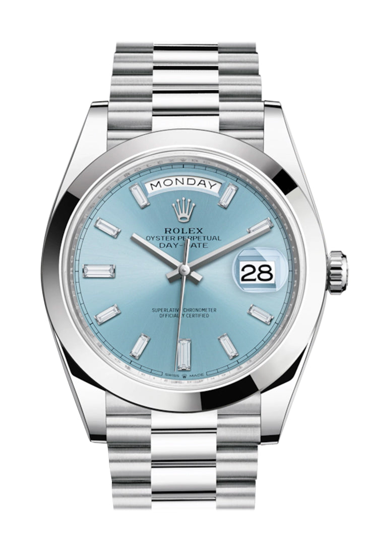 Rolex Day-Date 40 Ice blue Diagonal Motif Dial Dome Bezel Platinum President Men's Watch 228206