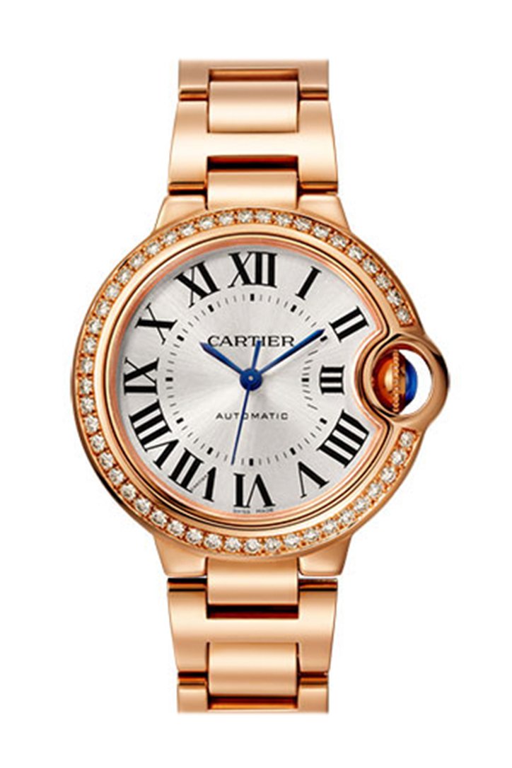 까르띠에 발롱블루 Cartier Ballon Bleu 33MM Silver Dial Automatic Ladies 18kt Rose Gold Diamond Watch WJBB0036