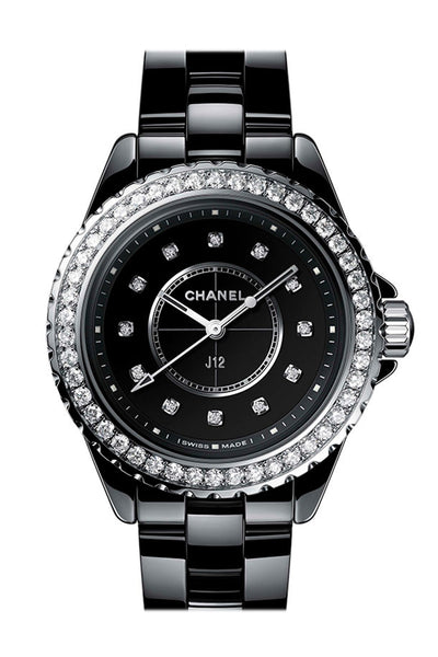 Chanel J12 Watch, 33 mm - Black Highly Resistant Ceramic and Steel, Diamonds Bezel and Indicators - Color: Noir