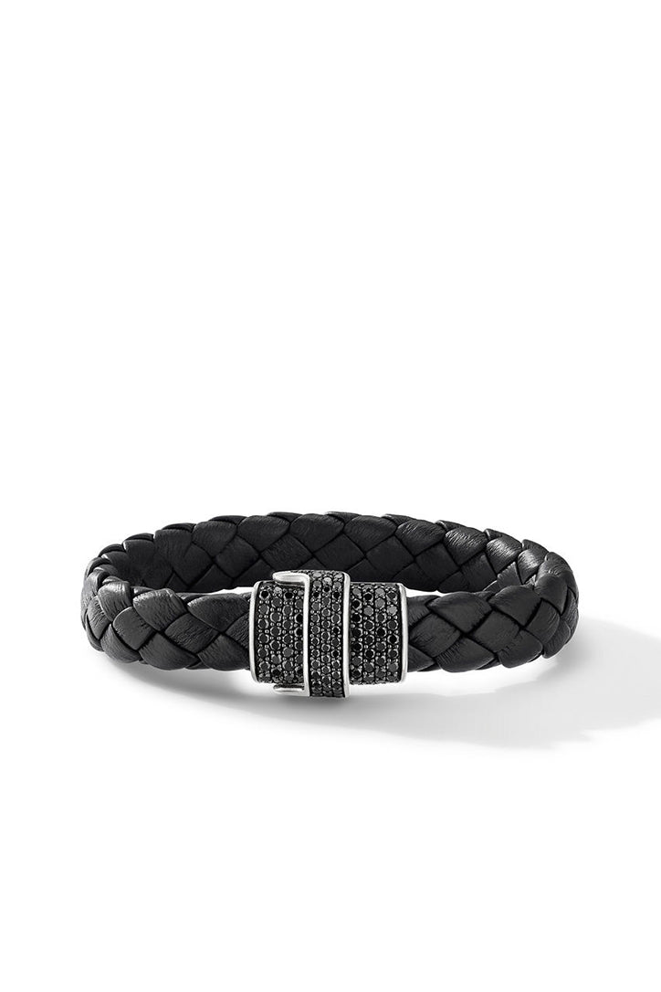 David Yurman Woven Black Leather Bracelet with PavŽ Black Diamonds