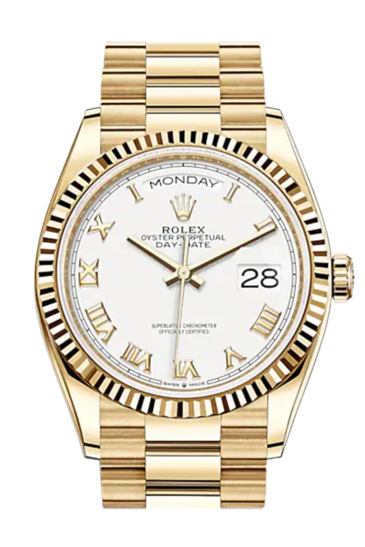 ROLEX Day-Date 36 White Roman Dial 18K Yellow Gold Watch 128238