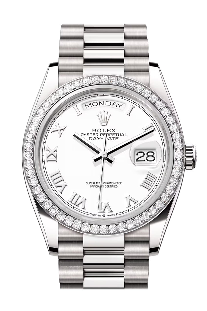 Rolex Day-Date 36 White Dial Diamond Bezel White Gold President Watch 128349RBR