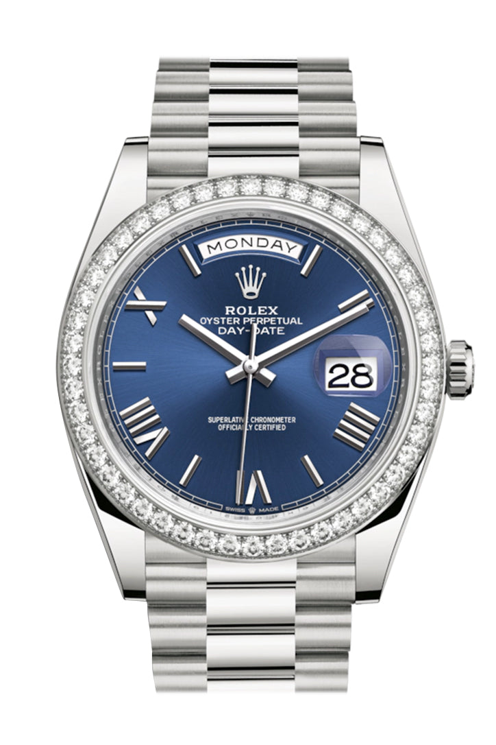Rolex Day-Date 40 Blue Roman Dial Diamond Bezel White Gold President Automatic Men's Watch 228349RBR