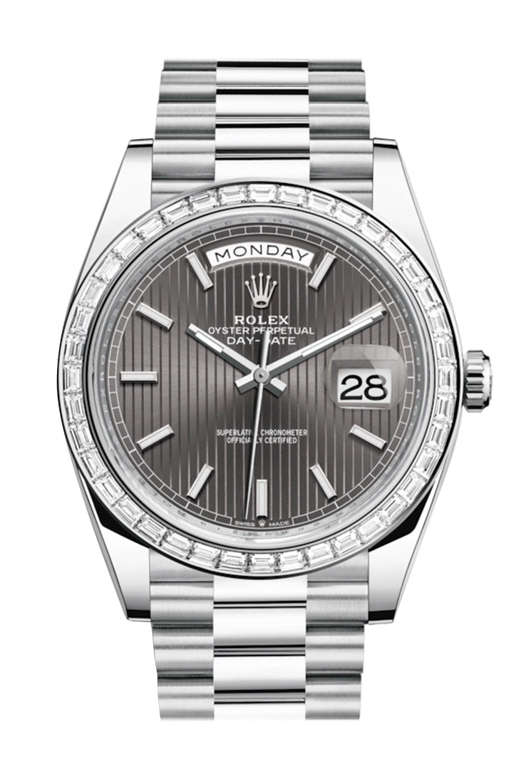 Rolex Day-Date 40 Dark Rhodium Stripe Motif Dial 40 Baguette Diamond Bezel Platinum President Automatic Men's Watch 228396TBR