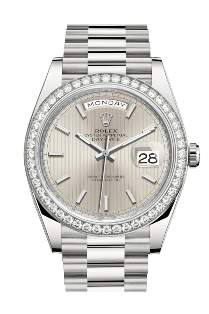 롤렉스 데이데이트 40 Rolex Day-Date 40 Silver Stripe Motif Dial Diamond Bezel White Gold President Automatic Men's Watch 228349RBR