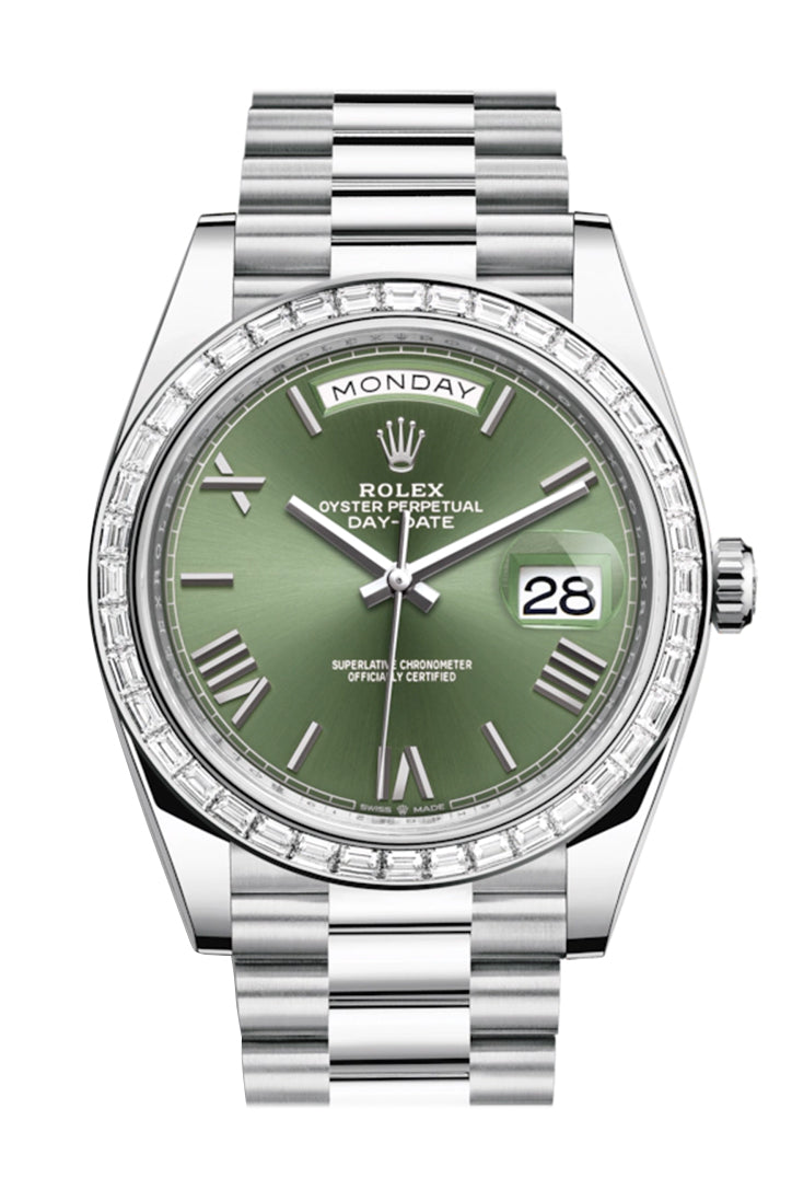 Rolex Day-Date 40 Olive Green Roman Dial 40 Baguette Diamond Bezel Platinum President Automatic Men's Watch 228396TBR