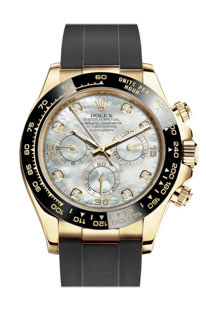 Rolex  Daytona White Mother of Pearl Diamond Yellow Gold Oysterflex Strap Watch 116518LN 116518