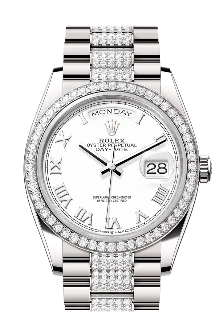 Rolex Day-Date 36 White Dial Diamond Bezel White Gold Diamond President Watch 128349RBR