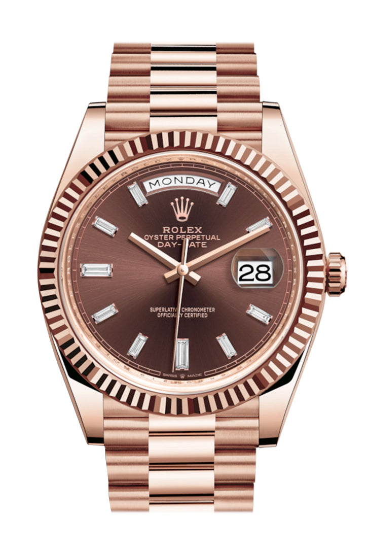 Rolex Day-Date 40 Chocolate 10 Baguette Diamond Dial 18K Rose Gold President Automatic Men's Watch 228235