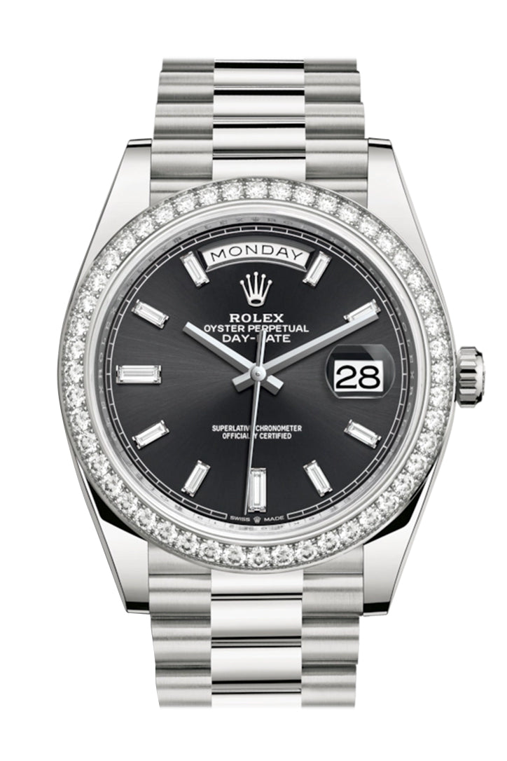 Rolex Day-Date 40 Black Baguette Diamond Dial Diamond Bezel White Gold President Automatic Men's Watch 228349RBR