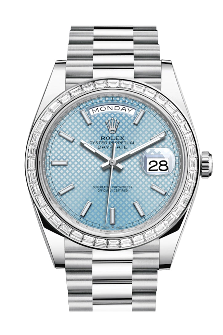 Rolex Day-Date 40 Ice Blue Diagonal Motif Roman Dial 40 Baguette Diamond Bezel Platinum President Automatic Men's Watch 228396TBR