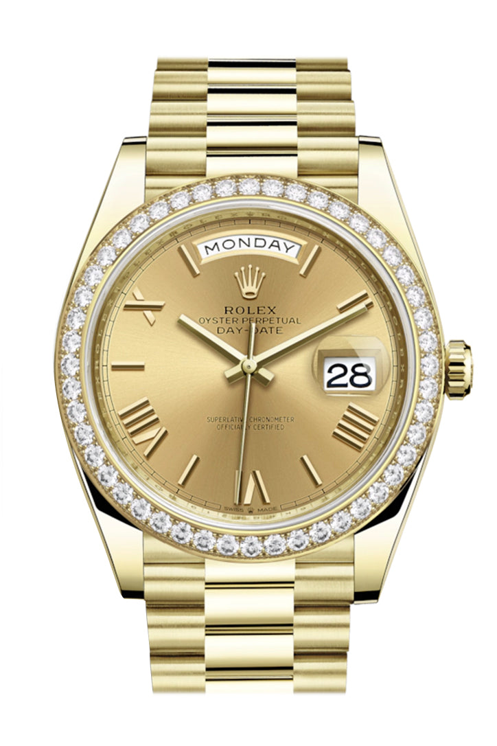Rolex Day-Date 40 Champagne Roman Dial  Diamond Bezel 18K Yellow Gold President Automatic Men's Watch 228348