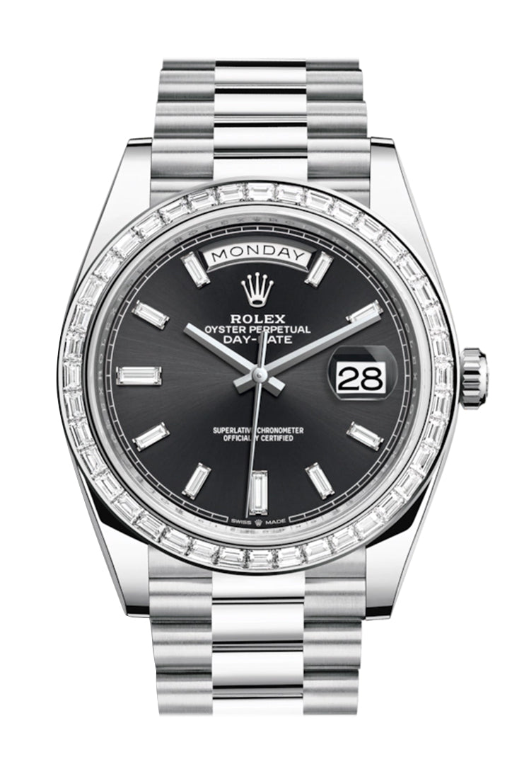 Rolex Day-Date 40 Black Baguette Diamond Dial 40 Baguette Diamond Bezel Platinum President Automatic Men's Watch 228396TBR