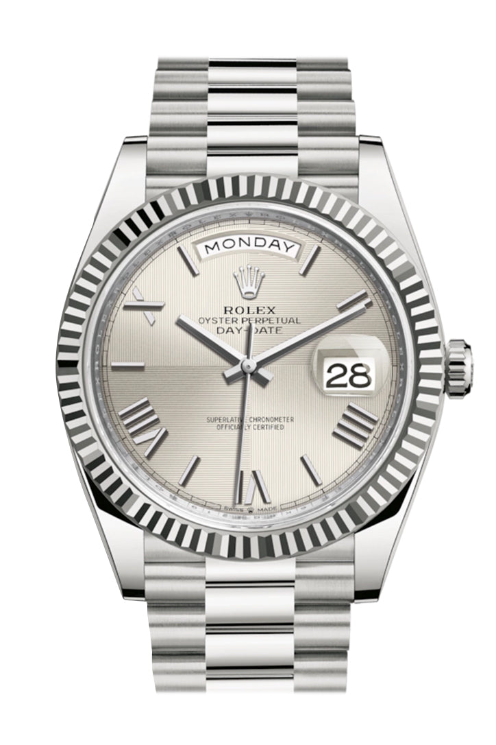 롤렉스 데이데이트 40 Rolex Day-Date 40 Silver Roman Dial Fluted Bezel White Gold President Automatic Men's Watch 228239