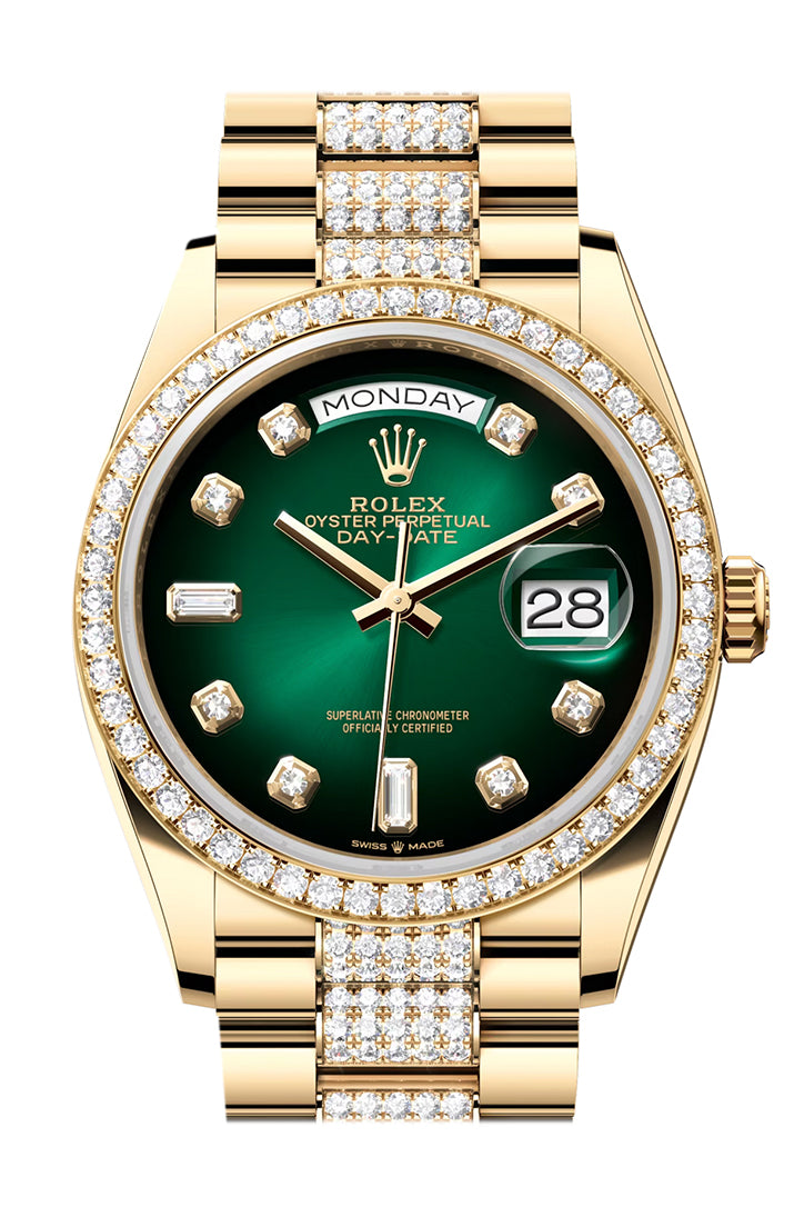 Rolex Day-Date 36 Green ombré Diamond Dial Gold Diamond Bezel Watch 128348RBR-0036 128348RBR