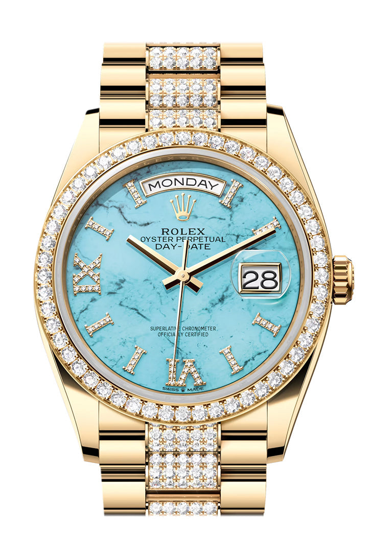 Rolex Day-Date 36 Dark Turquoise Diamond Dial Gold Diamond Bezel Watch 128348RBR-0038 128348RBR