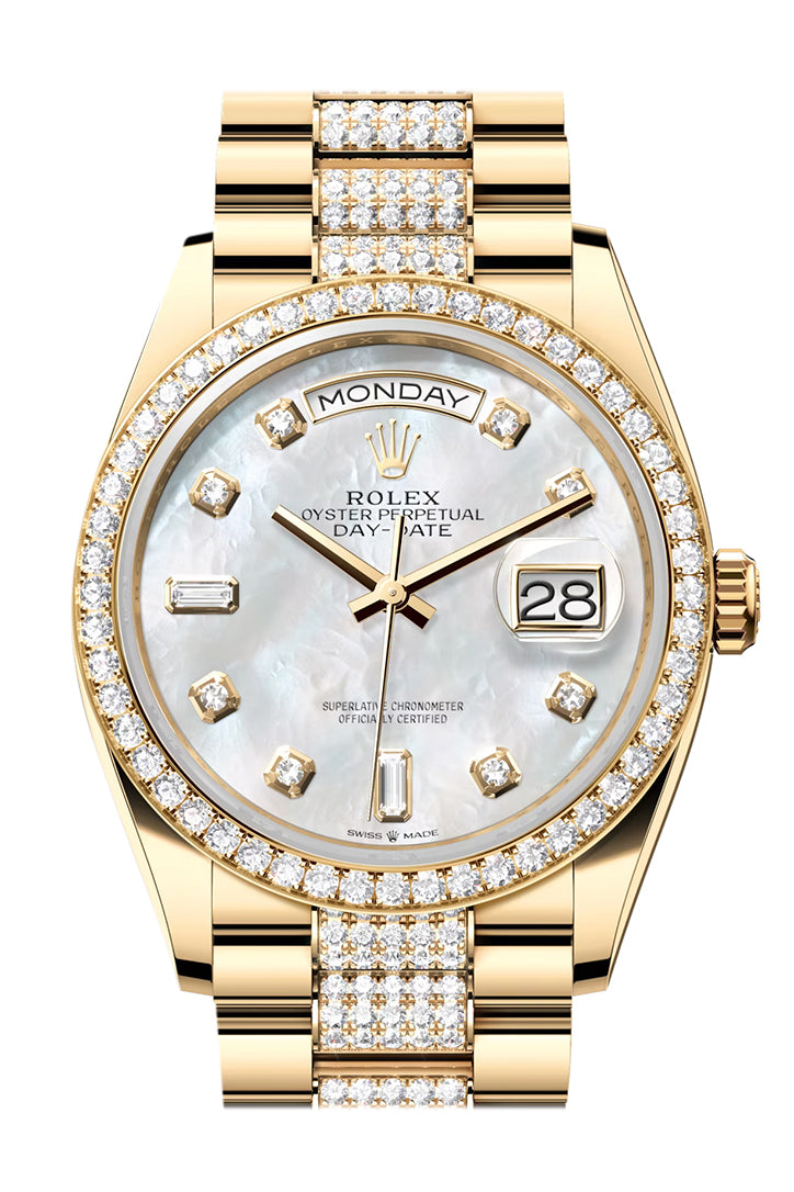 Rolex Day-Date 36 Mother-of-Pearl Diamond Dial Gold Diamond Bezel Watch 128348RBR-0019 128348RBR