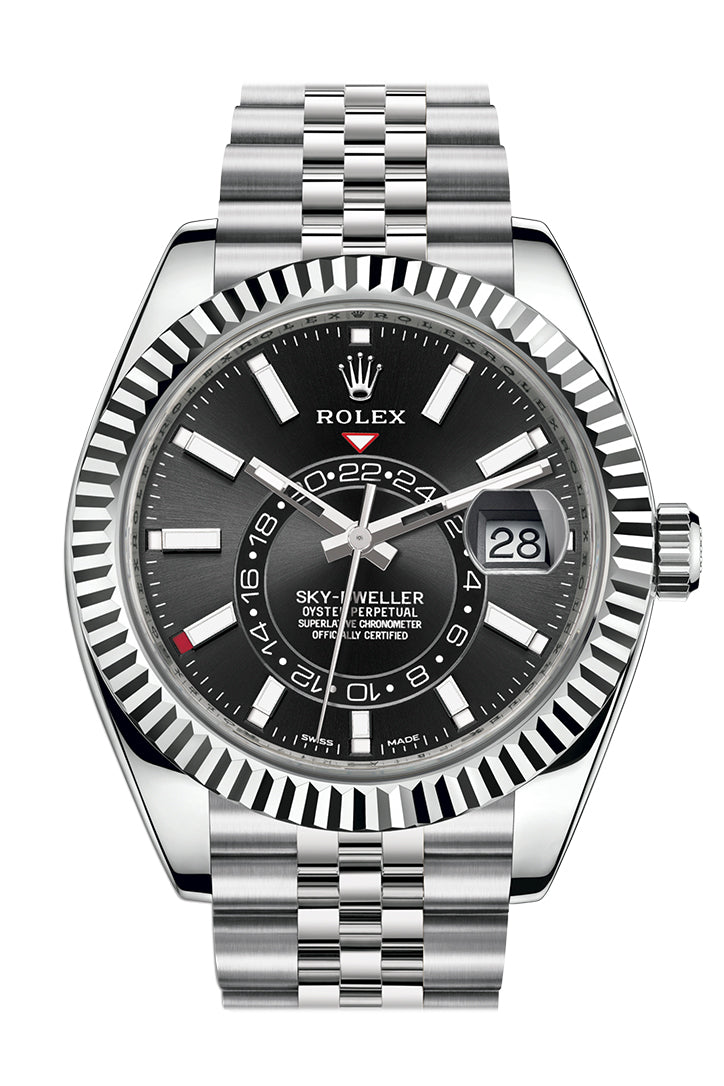 Rolex Sky Dweller Black Dial 18K White Gold Bezel Steel Jubilee Men's Watch 326934