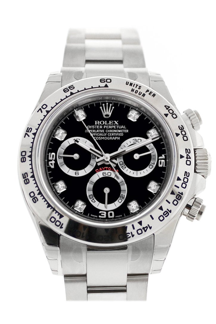 Rolex Cosmograph Daytona Black Diamond Dial White Gold Oyster Mens Watch 116509